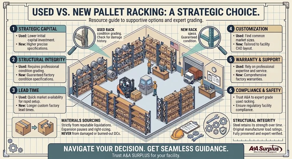 Infographic from A&A Surplus comparing used vs new pallet racking across six factors: strategic capital, structural integrity, lead time, customization, warranty and support, and compliance and safety