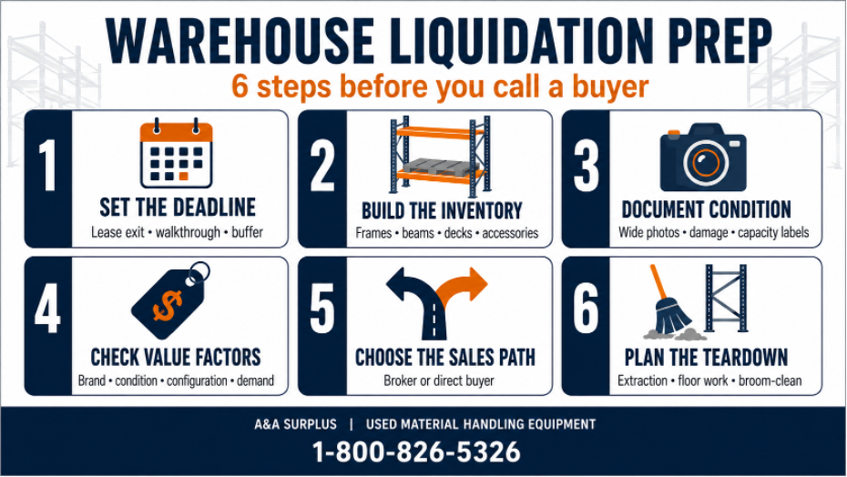 Six-step warehouse liquidation preparation checklist covering deadlines, inventory, equipment condition, value factors, sales options, and teardown planning.