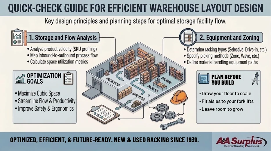 How to design an efficient warehouse layout warehouse layout design Quick-check guide for efficient warehouse layout design: storage and flow analysis, equipment and zoning, optimization goals, and planning before you build
